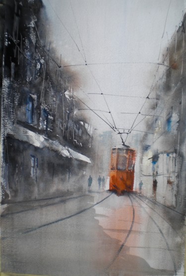Painting titled "tram in Milan 15" by Giorgio Gosti, Original Artwork, Watercolor