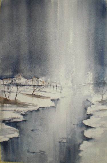 Painting titled "river in the snow" by Giorgio Gosti, Original Artwork, Watercolor