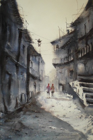 Painting titled "walking in the vill…" by Giorgio Gosti, Original Artwork, Watercolor