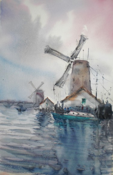 Painting titled "windmill 2 #artists…" by Giorgio Gosti, Original Artwork, Watercolor