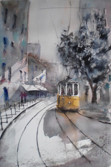 Painting titled "tram in Lisbon 3 #a…" by Giorgio Gosti, Original Artwork, Watercolor