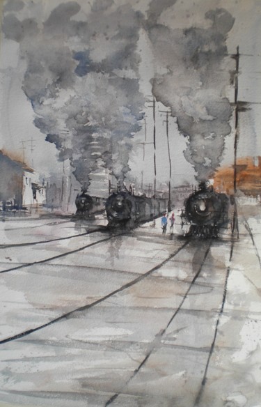 Painting titled "trains 18" by Giorgio Gosti, Original Artwork, Watercolor