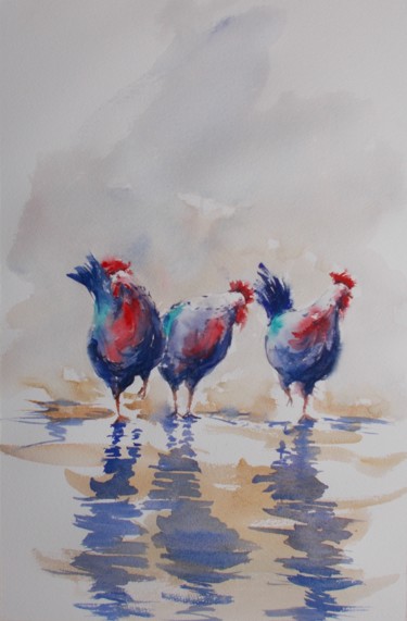 Картина под названием "roosters 10" - Giorgio Gosti, Подлинное произведение искусства, Акварель