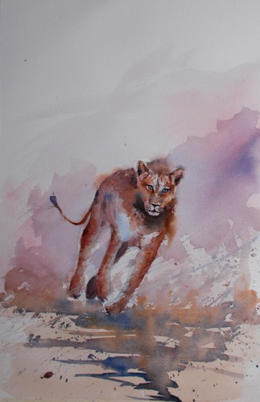 Painting titled "lioness" by Giorgio Gosti, Original Artwork, Watercolor