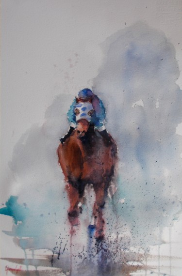 Schilderij getiteld "the horse race 13" door Giorgio Gosti, Origineel Kunstwerk, Aquarel