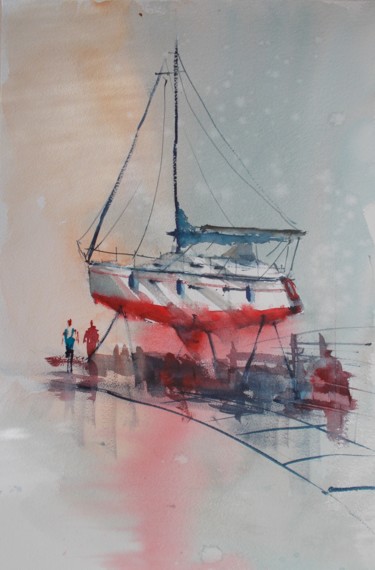 Картина под названием "shipyard 6" - Giorgio Gosti, Подлинное произведение искусства, Акварель