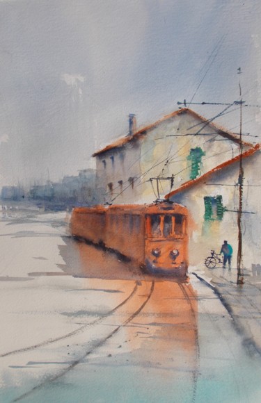 Painting titled "orange tram" by Giorgio Gosti, Original Artwork, Watercolor