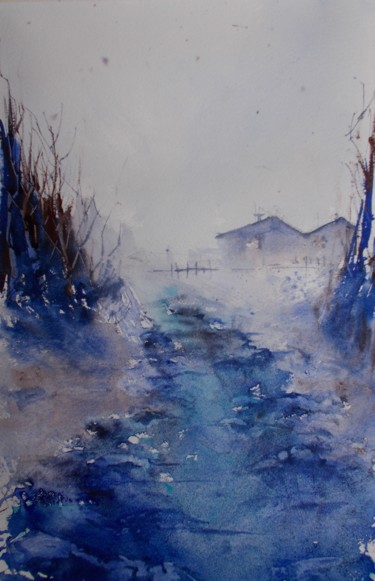 Malerei mit dem Titel "stream in the wood" von Giorgio Gosti, Original-Kunstwerk, Aquarell