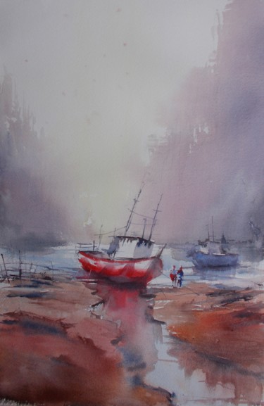 Painting titled "boat stranded 8" by Giorgio Gosti, Original Artwork, Watercolor