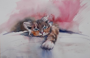 Pittura intitolato "lazy cat" da Giorgio Gosti, Opera d'arte originale, Acquarello