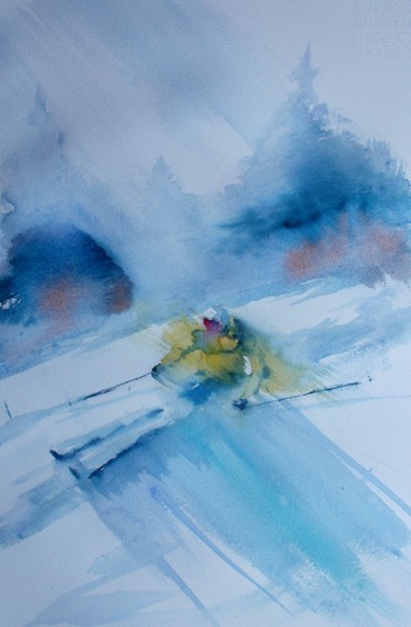 Pintura intitulada "the skier 2" por Giorgio Gosti, Obras de arte originais, Aquarela