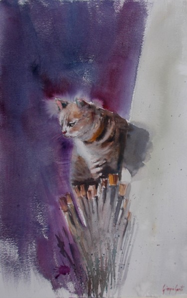 Картина под названием "cat 2" - Giorgio Gosti, Подлинное произведение искусства, Акварель