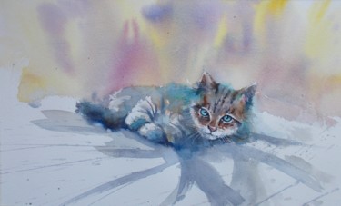 Картина под названием "lying cat 4" - Giorgio Gosti, Подлинное произведение искусства, Акварель