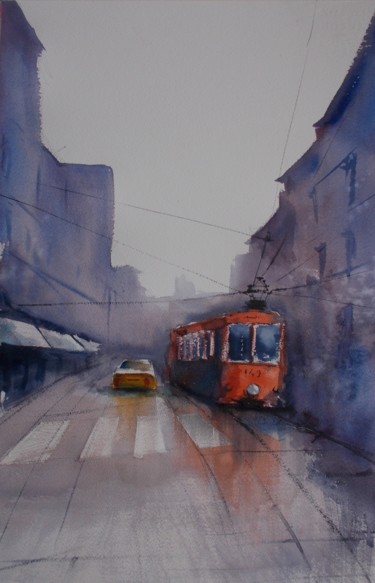 Pittura intitolato "tram in Milan 17" da Giorgio Gosti, Opera d'arte originale, Acquarello
