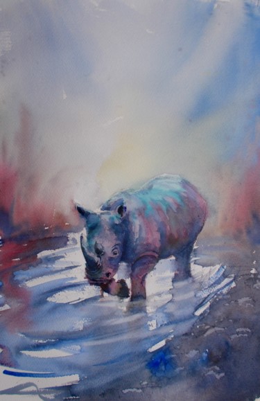 Pintura intitulada "rhinos 2" por Giorgio Gosti, Obras de arte originais, Aquarela