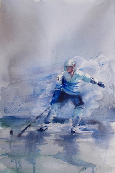 Pittura intitolato "hockey player 3" da Giorgio Gosti, Opera d'arte originale, Acquarello