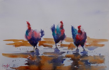 Painting titled "roosters and hens 4" by Giorgio Gosti, Original Artwork, Watercolor