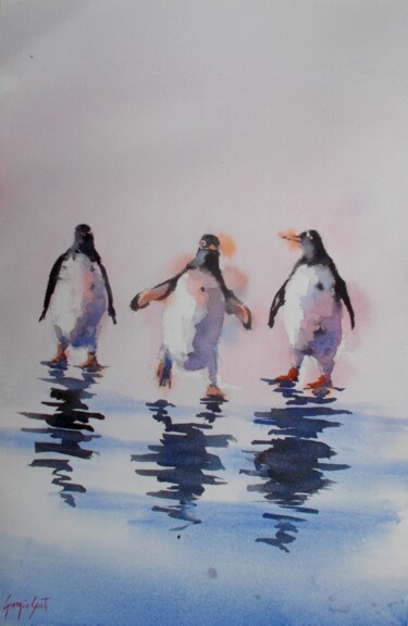 Pittura intitolato "penguins" da Giorgio Gosti, Opera d'arte originale, Acquarello