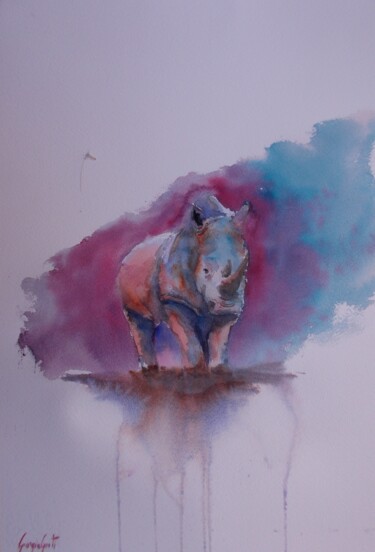 Pintura intitulada "rhinos 3" por Giorgio Gosti, Obras de arte originais, Aquarela