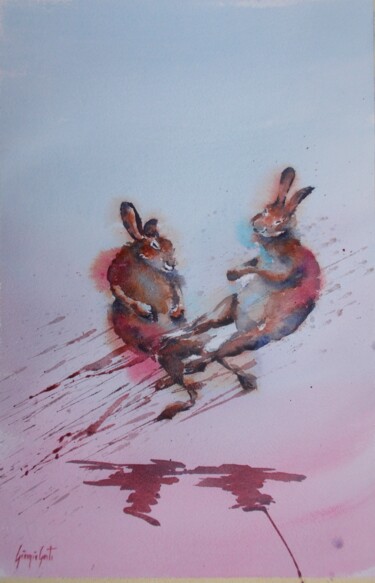 「jumping hares」というタイトルの絵画 Giorgio Gostiによって, オリジナルのアートワーク, 水彩画