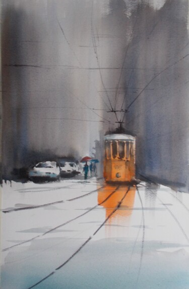 Pittura intitolato "tram in Milan 18" da Giorgio Gosti, Opera d'arte originale, Acquarello