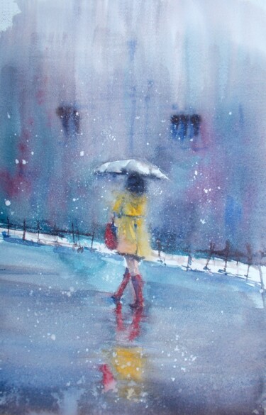 Painting titled "woman walking under…" by Giorgio Gosti, Original Artwork, Watercolor