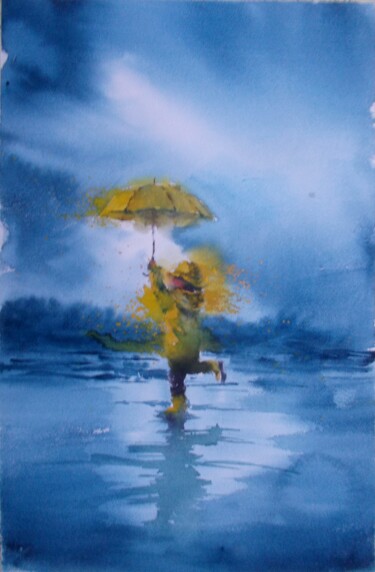 Schilderij getiteld "yellow umbrella" door Giorgio Gosti, Origineel Kunstwerk, Aquarel