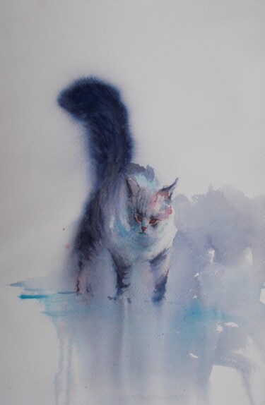 Painting titled "cat in the snow 2" by Giorgio Gosti, Original Artwork, Watercolor