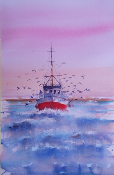 Картина под названием "fishing boat" - Giorgio Gosti, Подлинное произведение искусства, Акварель