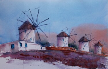 Painting titled "windmill 6" by Giorgio Gosti, Original Artwork, Watercolor