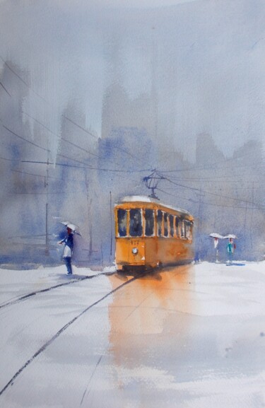 Peinture intitulée "tram in Milan 19" par Giorgio Gosti, Œuvre d'art originale, Aquarelle