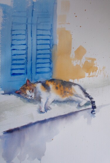 Painting titled "lazy cat 3" by Giorgio Gosti, Original Artwork, Watercolor