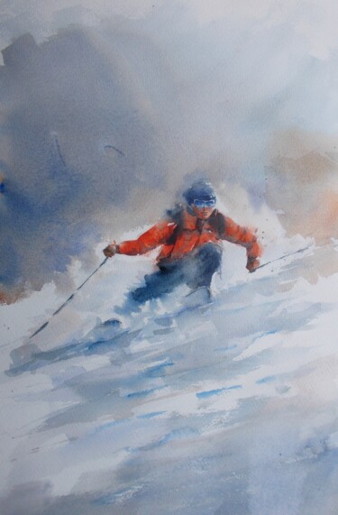 Schilderij getiteld "the skier 6" door Giorgio Gosti, Origineel Kunstwerk, Aquarel