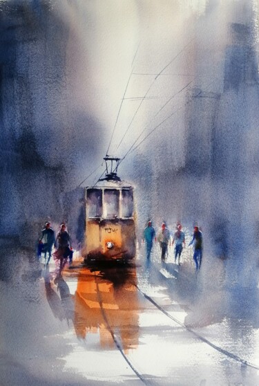 Painting titled "tram in Milan 20" by Giorgio Gosti, Original Artwork, Watercolor