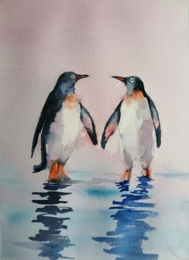 Painting titled "penguins 4" by Giorgio Gosti, Original Artwork, Watercolor