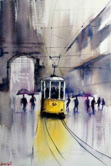 Painting titled "tram in Milan 22" by Giorgio Gosti, Original Artwork, Watercolor