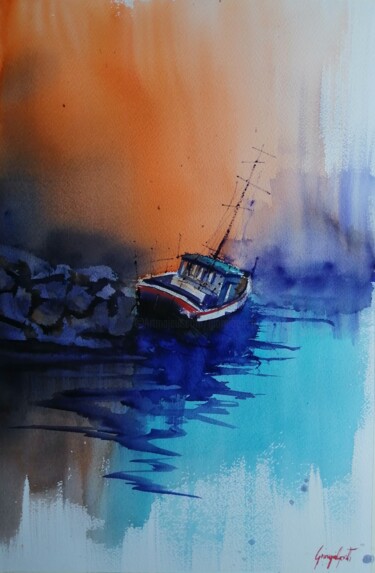 Painting titled "boat stranded 13" by Giorgio Gosti, Original Artwork, Watercolor