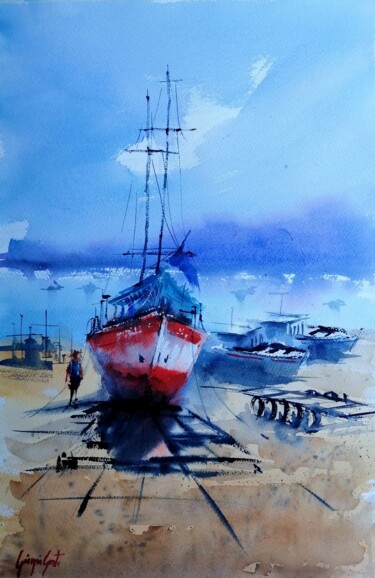 Painting titled "boat stranded 16" by Giorgio Gosti, Original Artwork, Watercolor