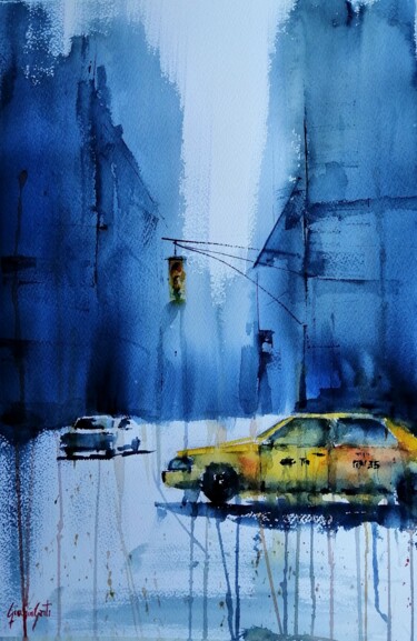 Peinture intitulée "yellow cabs in New…" par Giorgio Gosti, Œuvre d'art originale, Aquarelle