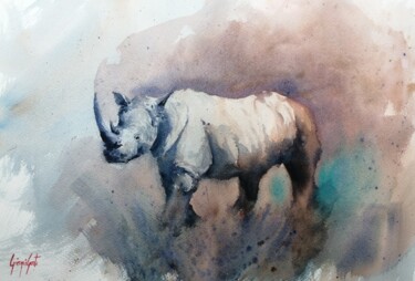 Картина под названием "rhinos 4" - Giorgio Gosti, Подлинное произведение искусства, Акварель