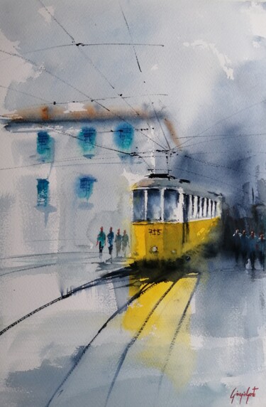 Schilderij getiteld "tram in Milan 25" door Giorgio Gosti, Origineel Kunstwerk, Aquarel