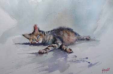 Картина под названием "lying cat 6" - Giorgio Gosti, Подлинное произведение искусства, Акварель