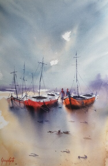 Painting titled "boat stranded 17" by Giorgio Gosti, Original Artwork, Watercolor