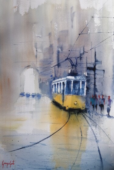 Painting titled "tram in Milan 26" by Giorgio Gosti, Original Artwork, Watercolor