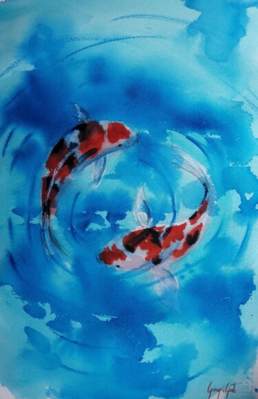 Картина под названием "Koi fish" - Giorgio Gosti, Подлинное произведение искусства, Акварель