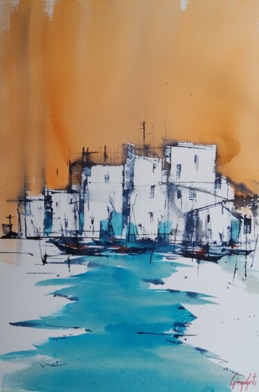Painting titled "an imaginary villag…" by Giorgio Gosti, Original Artwork, Watercolor