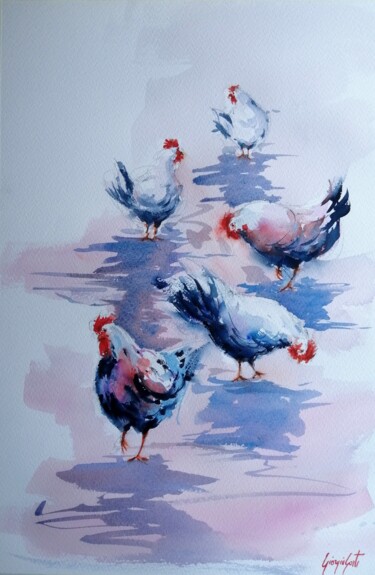 Painting titled "roosters and hens 5" by Giorgio Gosti, Original Artwork, Watercolor