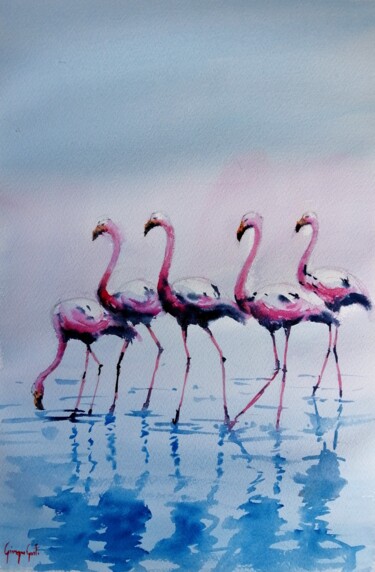 Painting titled "flamingos 4" by Giorgio Gosti, Original Artwork, Watercolor
