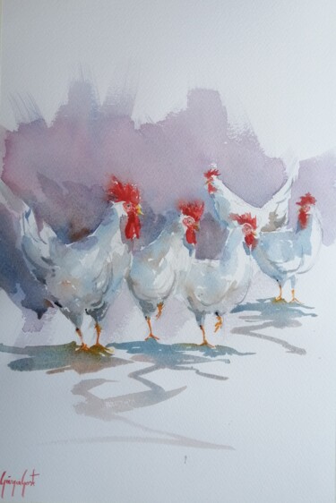 Malarstwo zatytułowany „roosters and hens 7” autorstwa Giorgio Gosti, Oryginalna praca, Akwarela