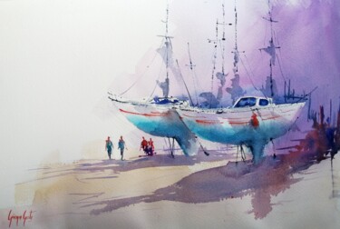 Peinture intitulée "boat storage" par Giorgio Gosti, Œuvre d'art originale, Aquarelle